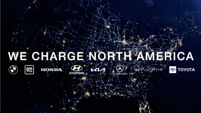 Space view of North America with lights illuminating an outline. Text on the image reads "We charge North America" along with brand logos.