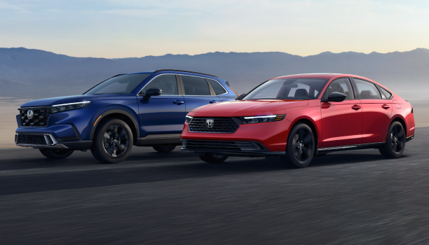 A blue Honda SUV and a red Honda sedan are parked beside one another on an open stretch of road. 