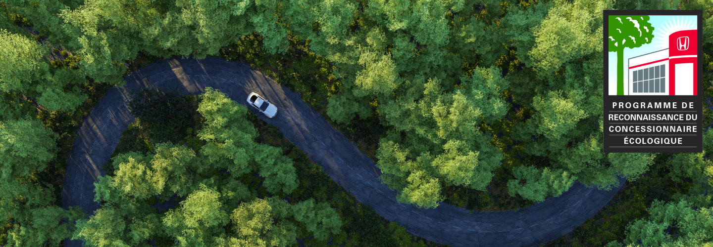 Vue de haut d’un véhicule Honda circulant sur une route sinueuse dans les bois. 