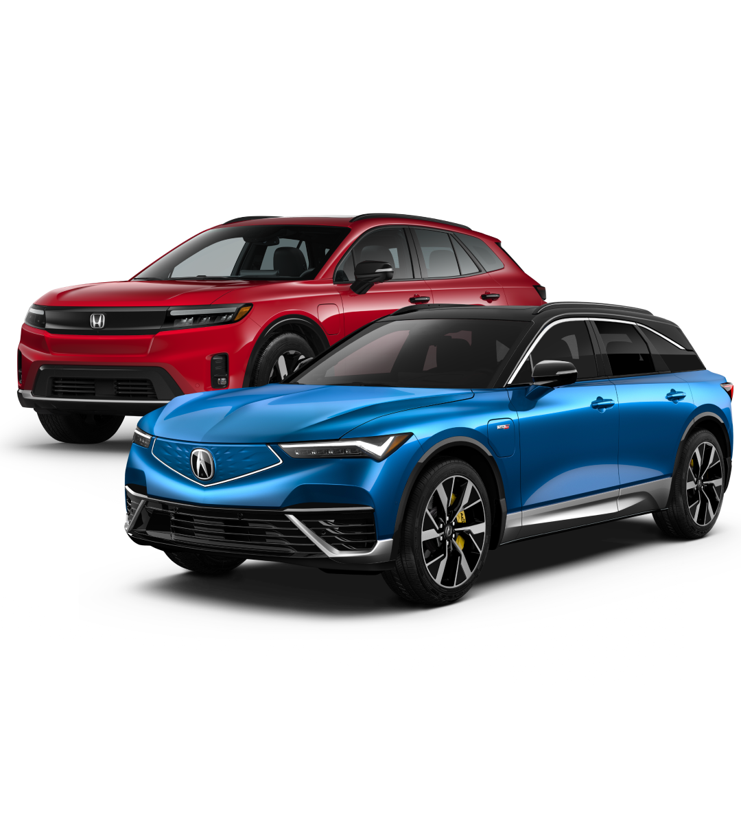 3/4 driver side view of both the Honda Prologue and Acura ZDX shown on a clear background.