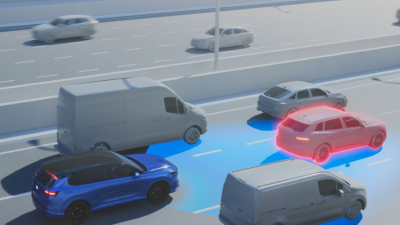 A graphic depiction of vehicles are shown on a high-way. 
