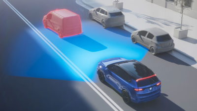 A graphic illustration of a vehicle is shown on the high-way with blue lights lighting the road ahead, representing Forward Collision Warning. 
