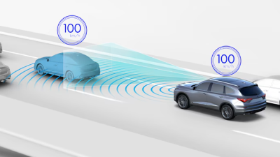 A grahic illustratiopn shpws a vehicle on the road with sensors identifying the vehicle in front. 